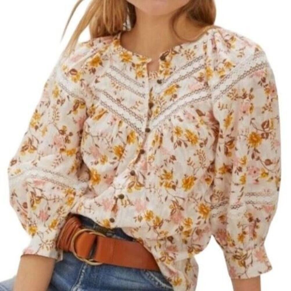 Hester & Orchard Anthropologie Harmony Cottagecore Floral Peasant Blouse Sz S